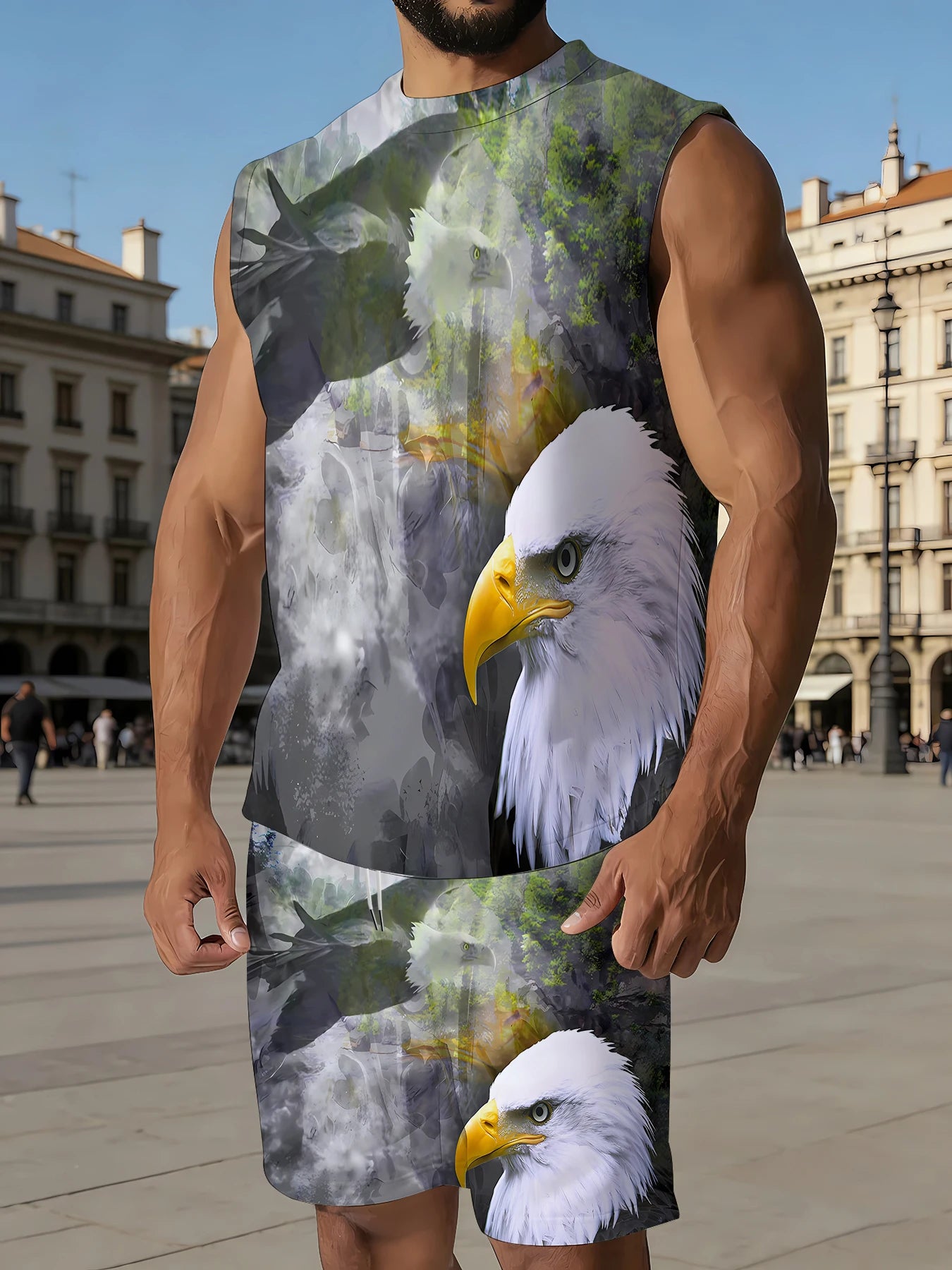 Men's Camouflage Print Tank Top and Shorts Set Polyester Tactical Style Casual Outfit EU/US Size