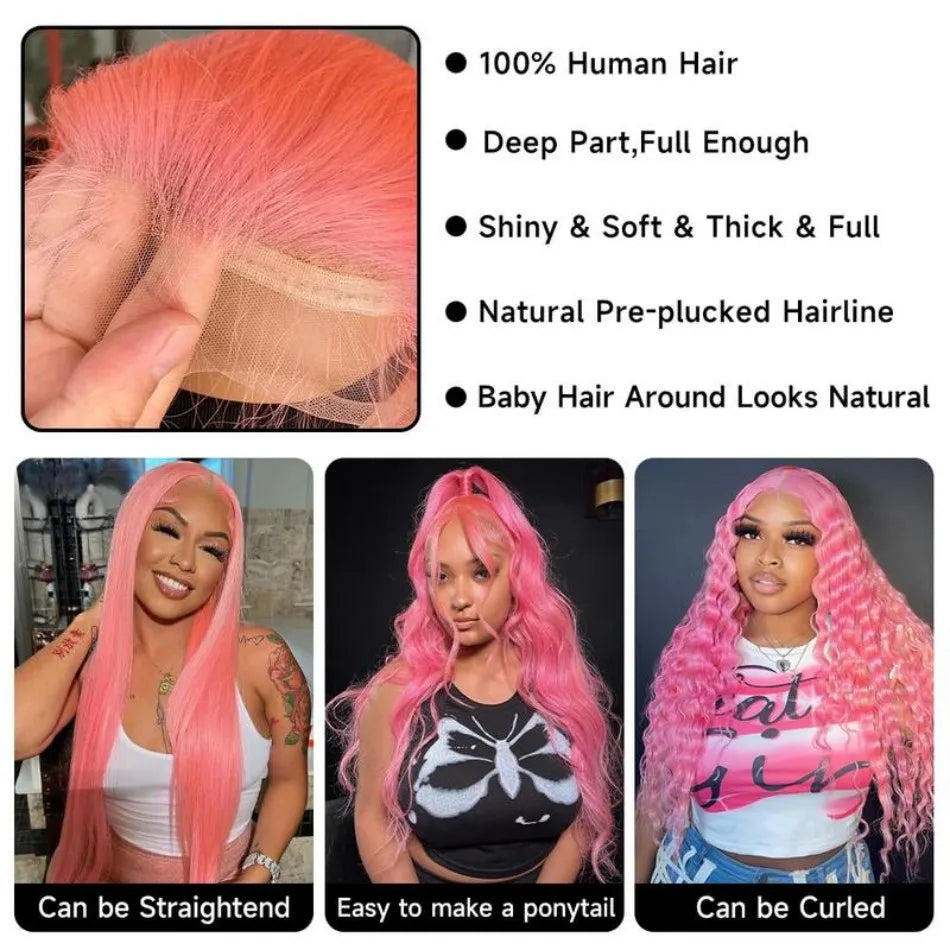 Pink Human Hair Wig Colored Body Wave Lace Front Wig 13X6 Hd Lace Frontal Wig 250 Density Brazilian Wig Original 40 Inch Natural