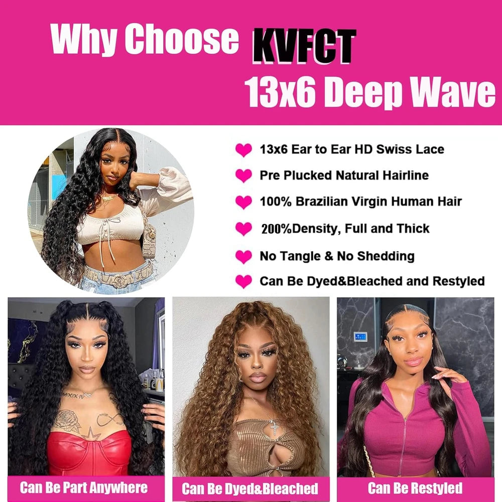 KVFCT Deep Wave Human Hair Lace Front Wig