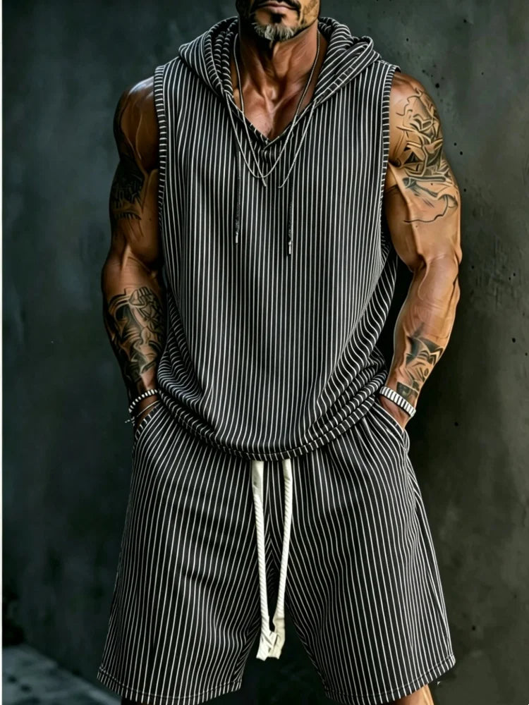 Men's Sleeveless Hooded Tank & Shorts Set, Loose Comfort Pinstripe Casual Streetwear