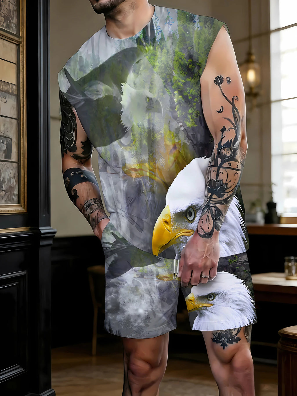 Men's Camouflage Print Tank Top and Shorts Set Polyester Tactical Style Casual Outfit EU/US Size