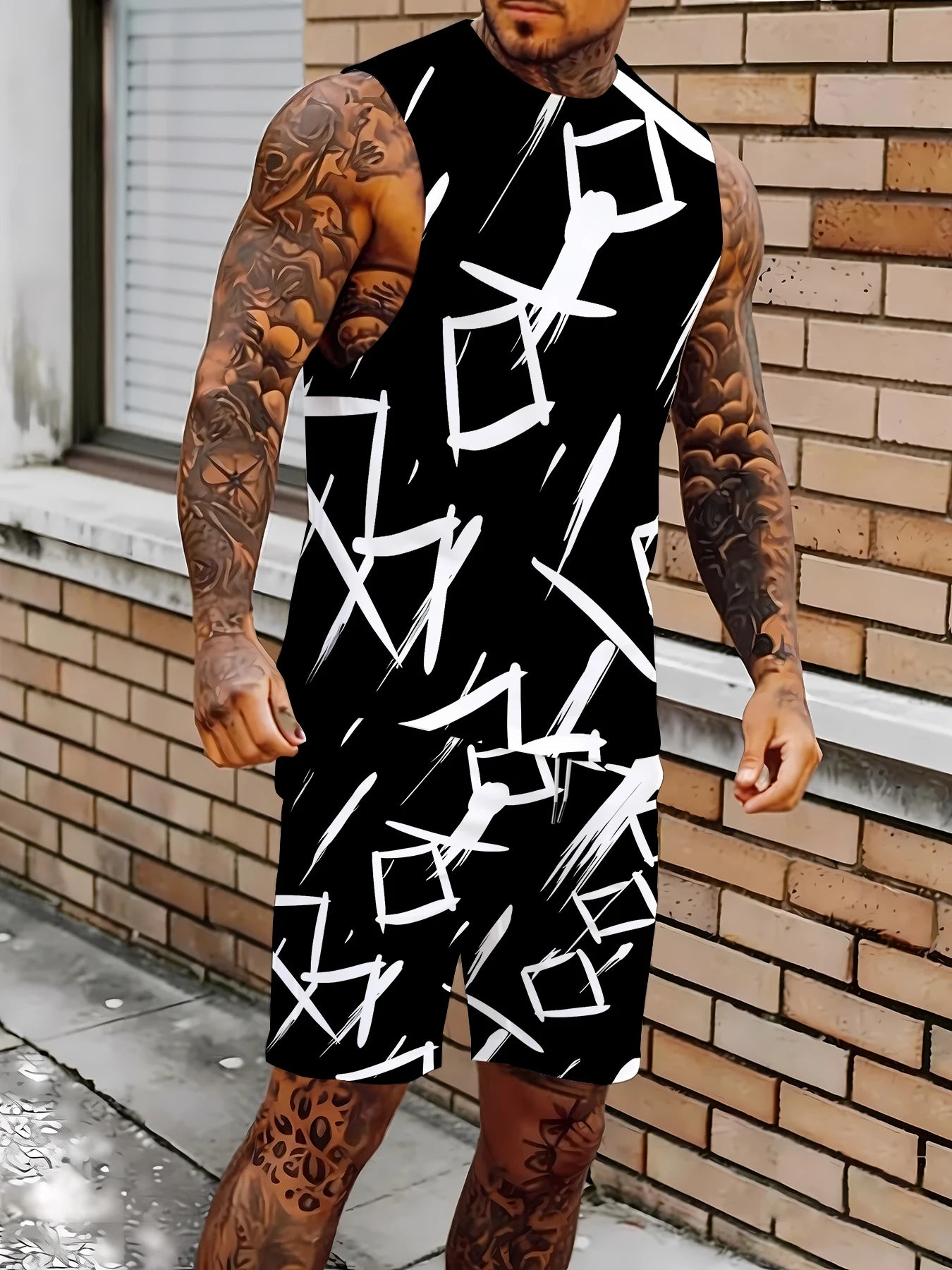 Men's Compression Tank Top and Shorts Set Elastic Polyester Gym Wear Bodybuilding Clothing Standard Fit