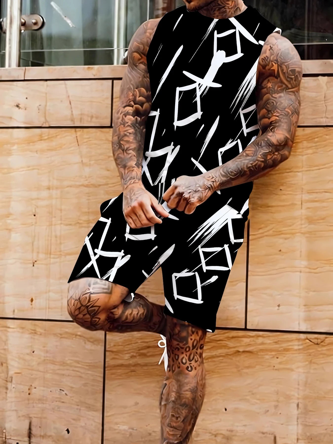 Men's Compression Tank Top and Shorts Set Elastic Polyester Gym Wear Bodybuilding Clothing Standard Fit
