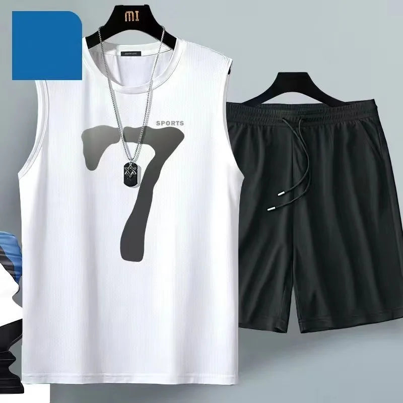 Summer sleeveless basketball jersey, casual wear, breathable short-sleeved two-piece sports shirt + running shorts