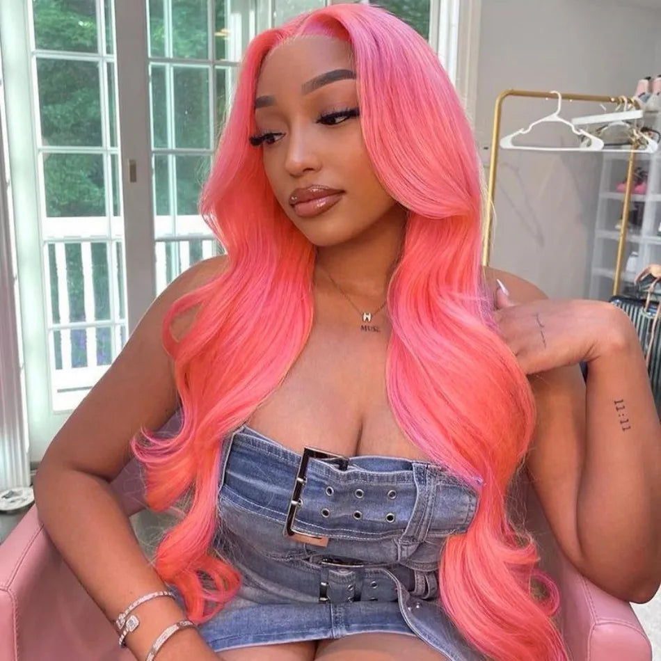 Pink Human Hair Wig Colored Body Wave Lace Front Wig 13X6 Hd Lace Frontal Wig 250 Density Brazilian Wig Original 40 Inch Natural