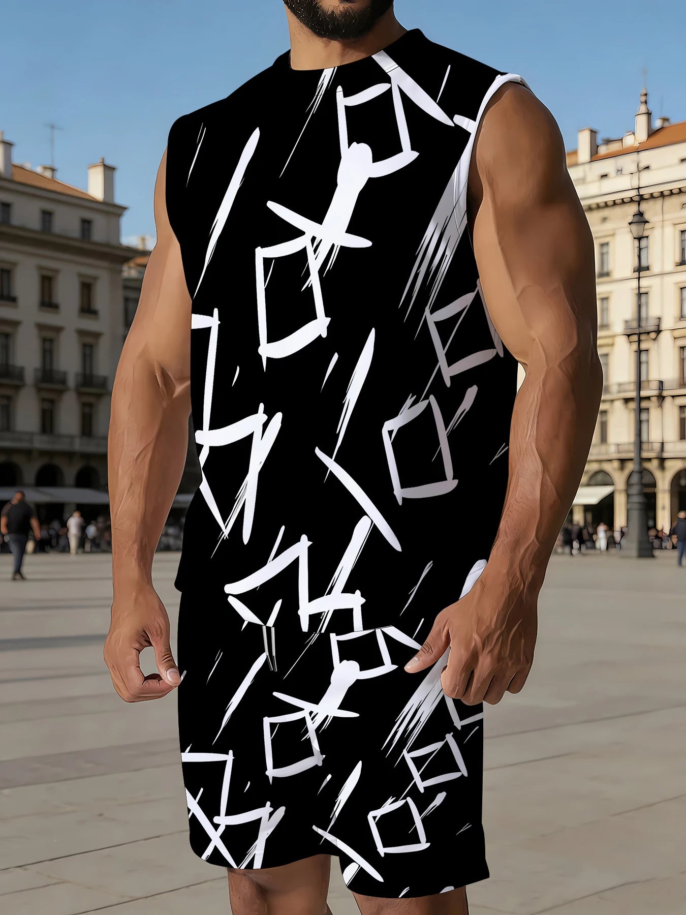Men's Compression Tank Top and Shorts Set Elastic Polyester Gym Wear Bodybuilding Clothing Standard Fit
