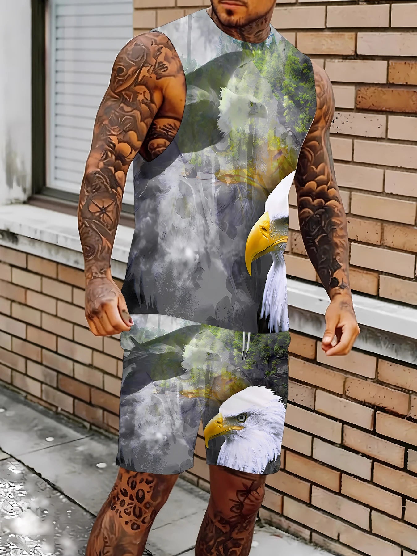 Men's Camouflage Print Tank Top and Shorts Set Polyester Tactical Style Casual Outfit EU/US Size